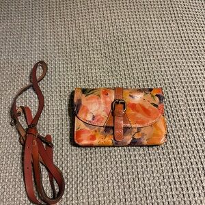 Patricia Nash Orange Floral Leather Crossbody Clutch with Brown Strap